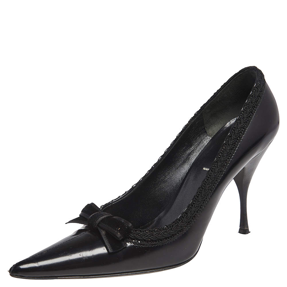 Pre Owned Prada Black Leather Bow Pointed Toe Pumps Size 39