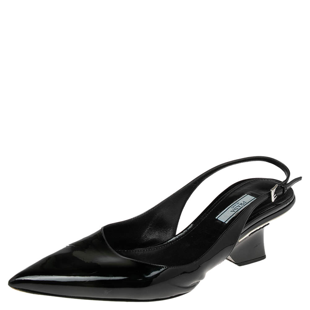 Pre Owned Prada Black Patent Leather Pointed Toe Slingback Sandals Size 41