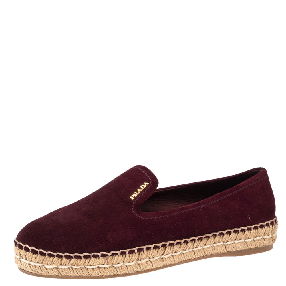 Pre Owned Prada Burgundy Suede Espadrille Flats Size 37.5