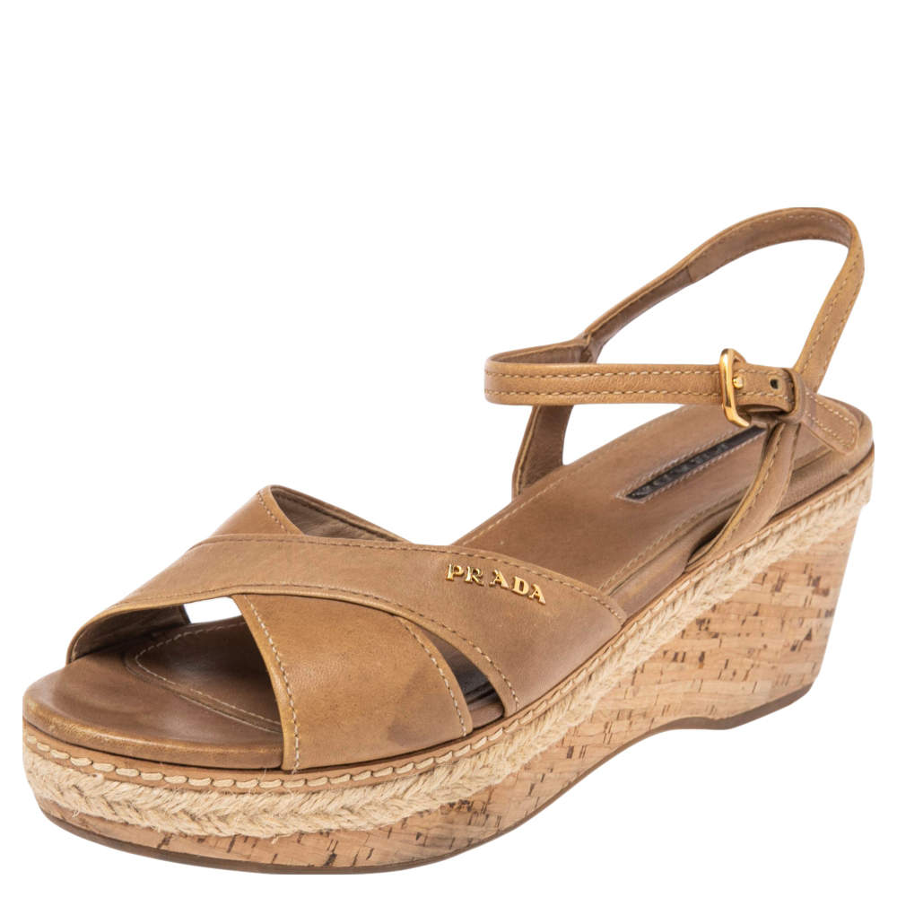 Pre Owned Prada Nude Patent Leather Criss Cross Wedge Sandals Size 38
