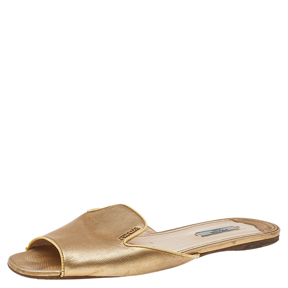 Pre Owned Prada Gold Saffiano Leather Flat Slides Size 41