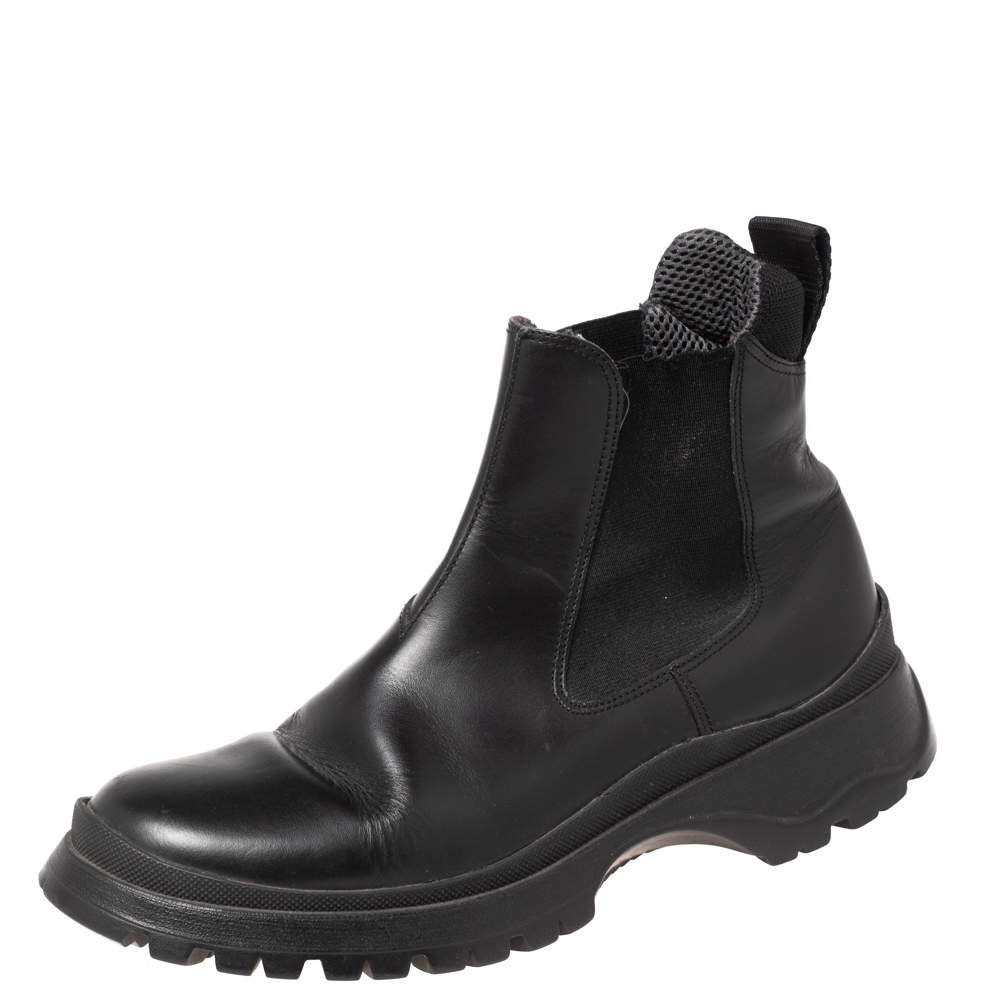 Pre Owned Prada Black Leather and Elastic Ankle Boots Size 37.5