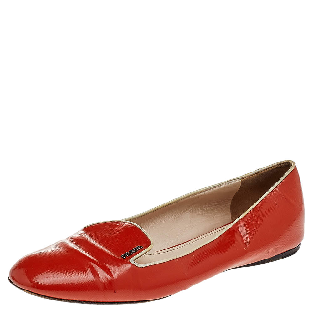 Pre Owned Prada Orange Patent Leather Smoking Slipper Size 39