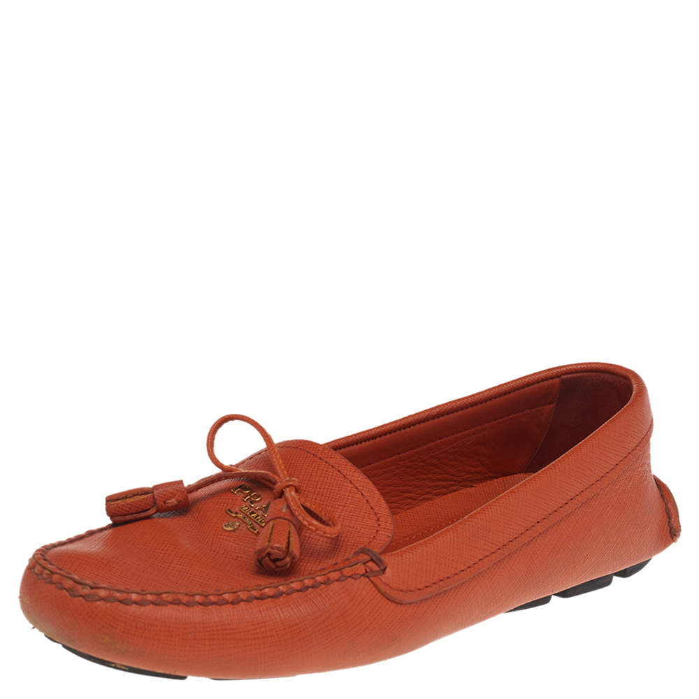 Prada Orange Leather Bow Slip On Loafers Size 35.5