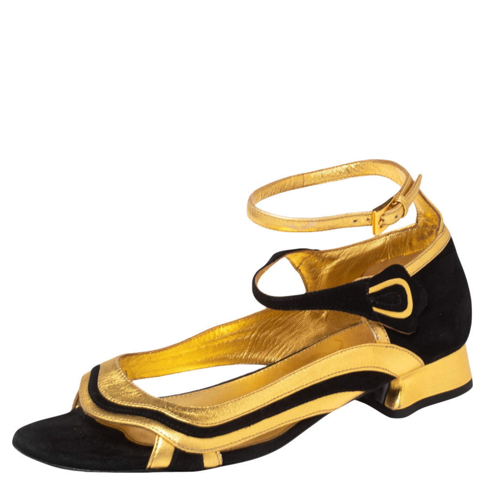 Prada Gold/Black Leather And Suede Ankle Strap Sandals Size 39