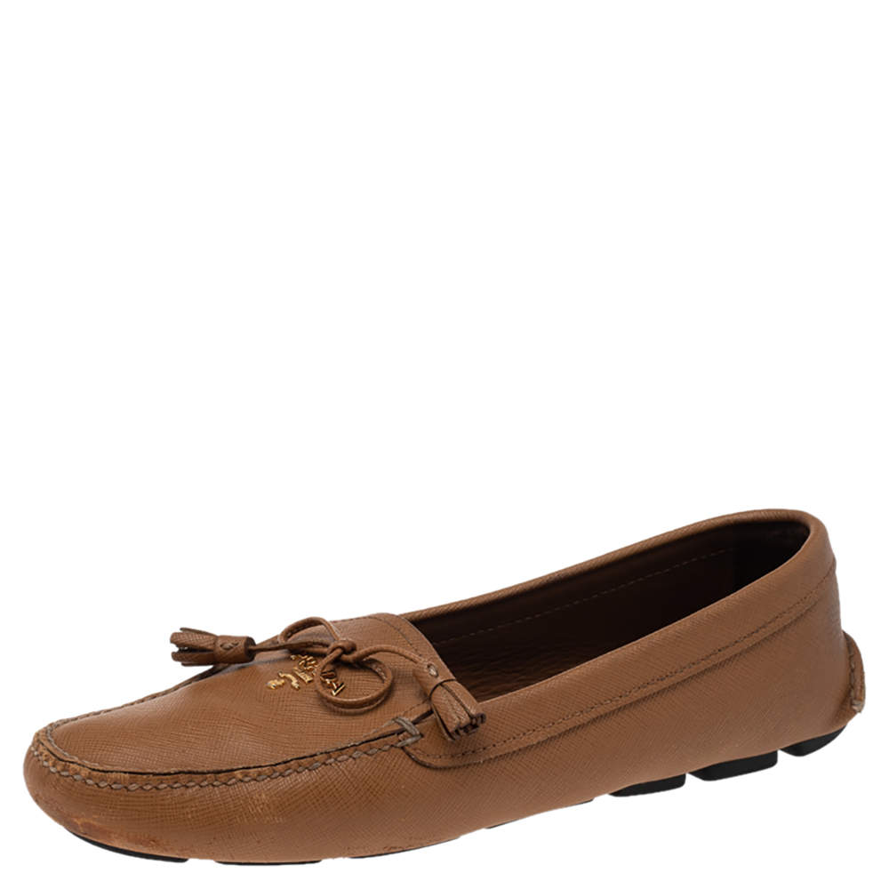 Prada Tan Saffiano Leather Bow Loafers Size 38.5