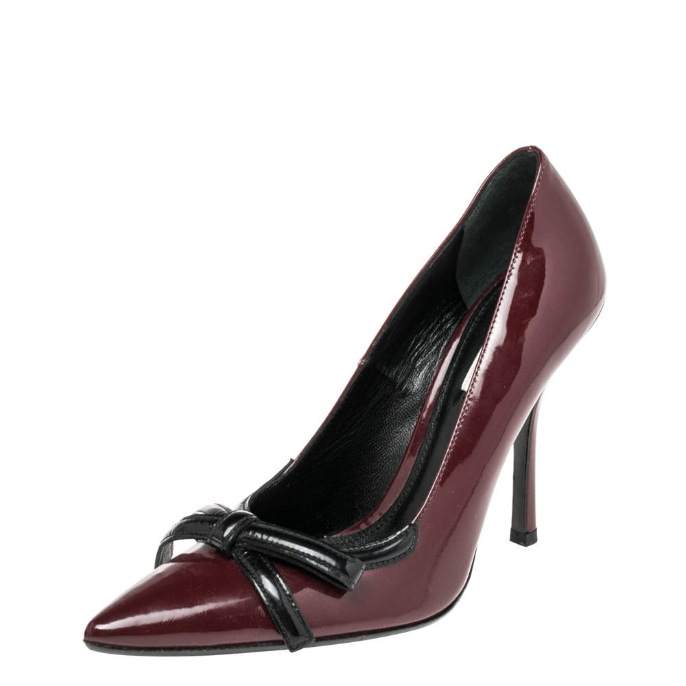 PRADA Burgundy Red Patent Leather Black Bow Pointed Toe Kitten