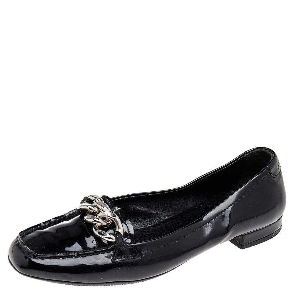 Pre Owned Prada Black Patent Leather Chain Details Loafers Size 37