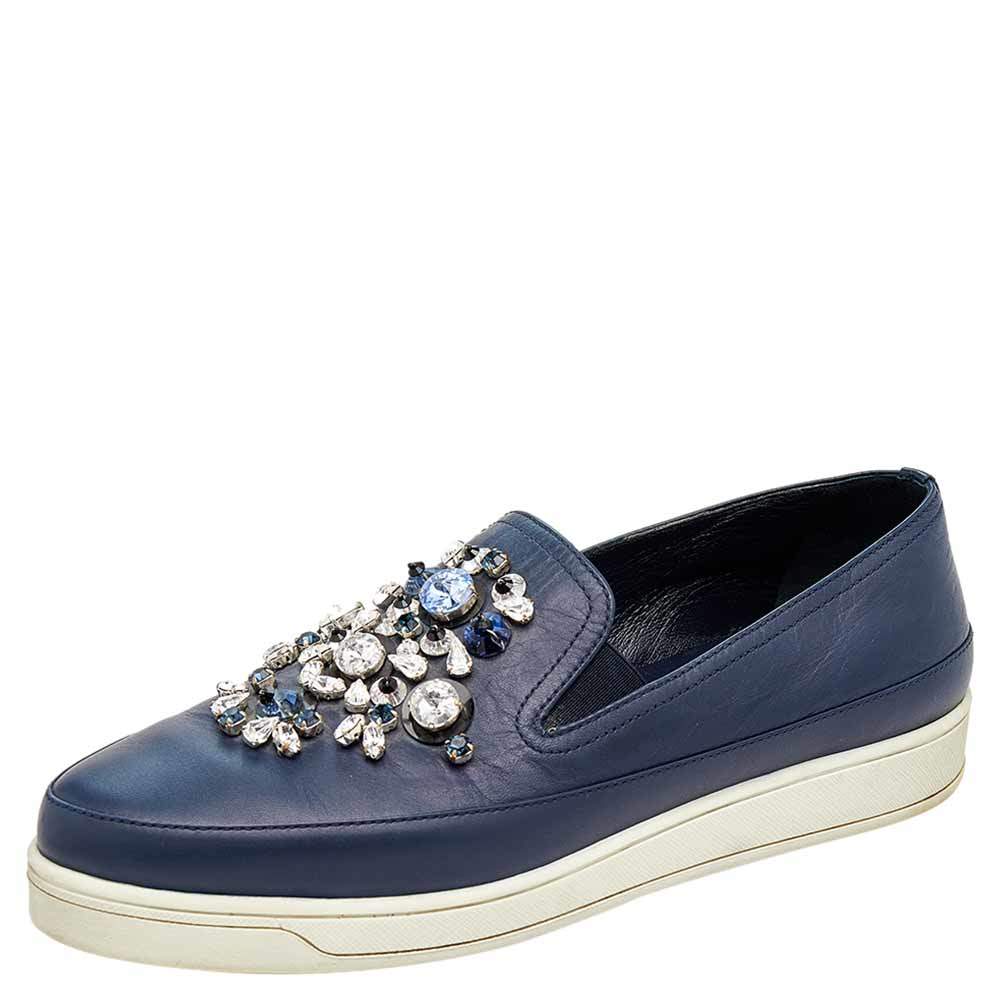 Pre Owned Prada Blue Leather Embellished Slip On Sneakers Size 38.5