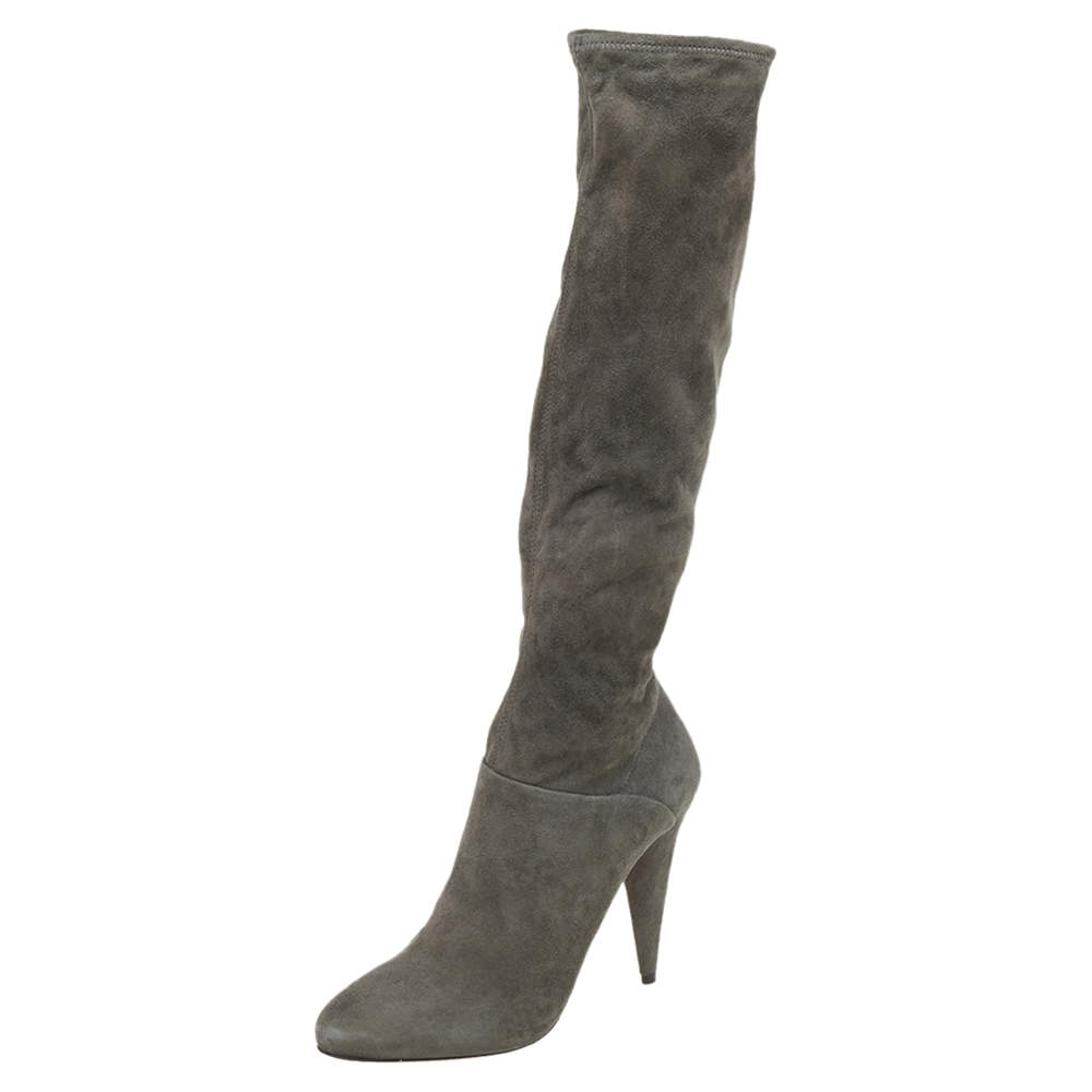 Pre Owned Prada Grey Suede Knee Length Boots Size 38.5