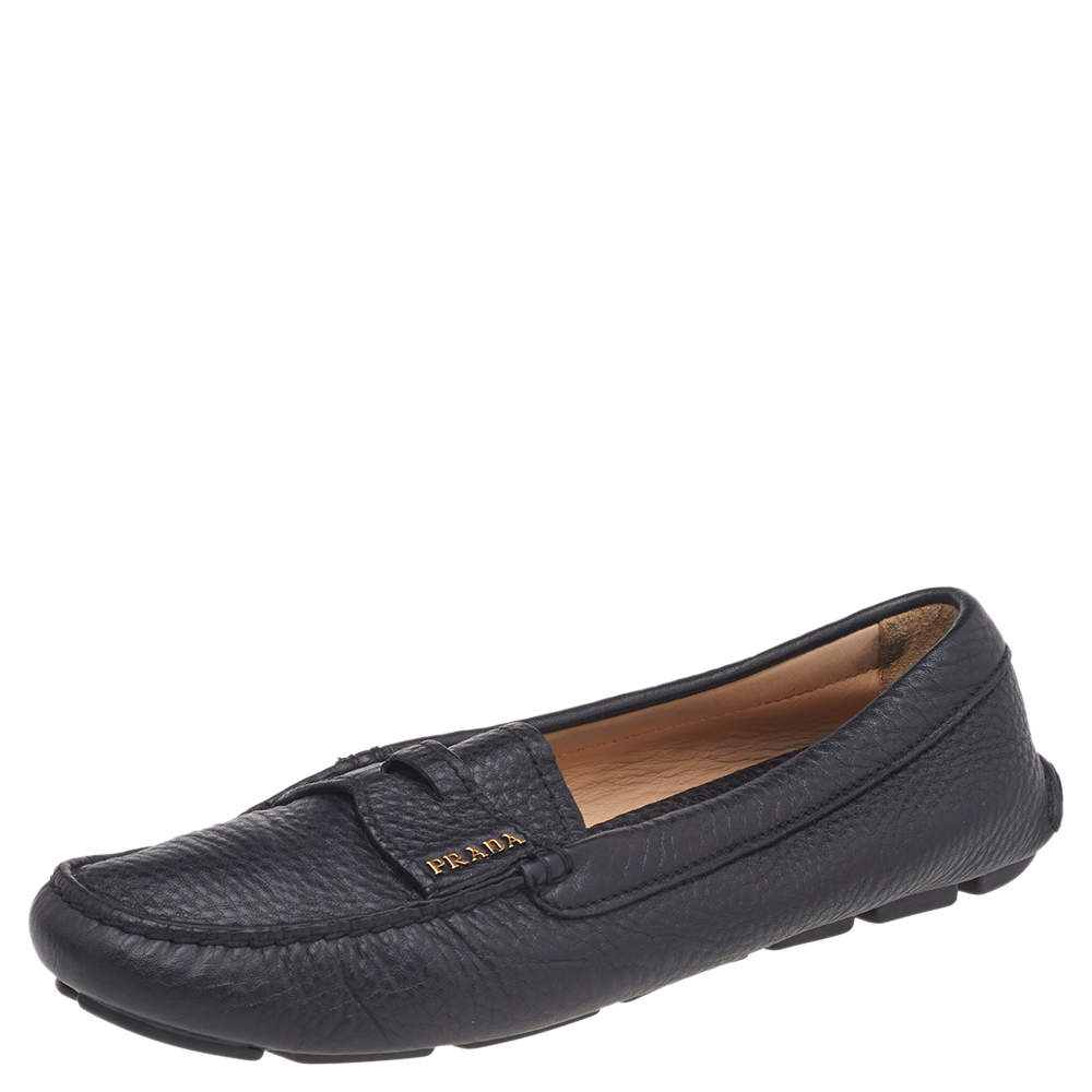 Pre Owned Prada Black Leather Slip On Loafers Size 37.5