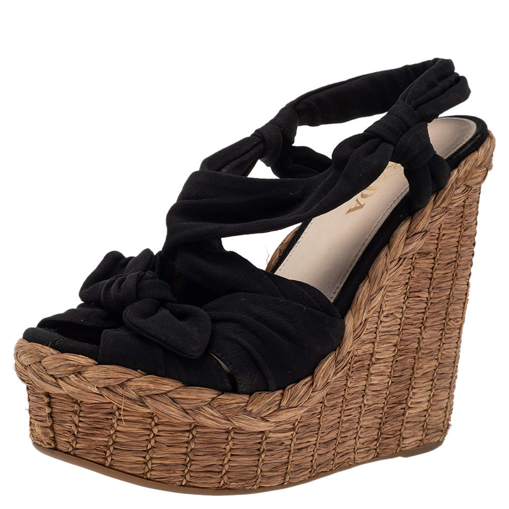 Pre Owned Prada Black Fabric Wedge Platform Espadrille Sandals Size 36