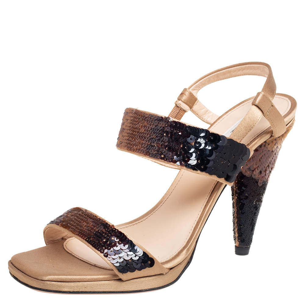 Pre Owned Prada Black/Beige Satin And Sequins Crystal Embellished T-Strap Sandals Size 36.5