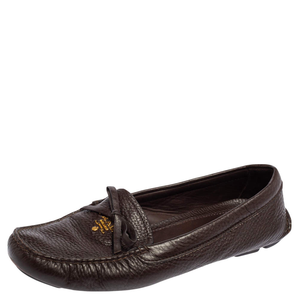 Pre Owned Prada Brown Grained Leather Bow Loafers Size 39