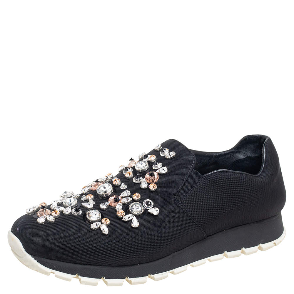 Pre Owned Prada Black Nylon Crystal Embellished Slip On Sneakers Size 40
