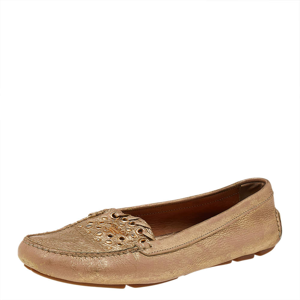 Pre Owned Prada Gold Leather Logo Slip On Loafers Size 40