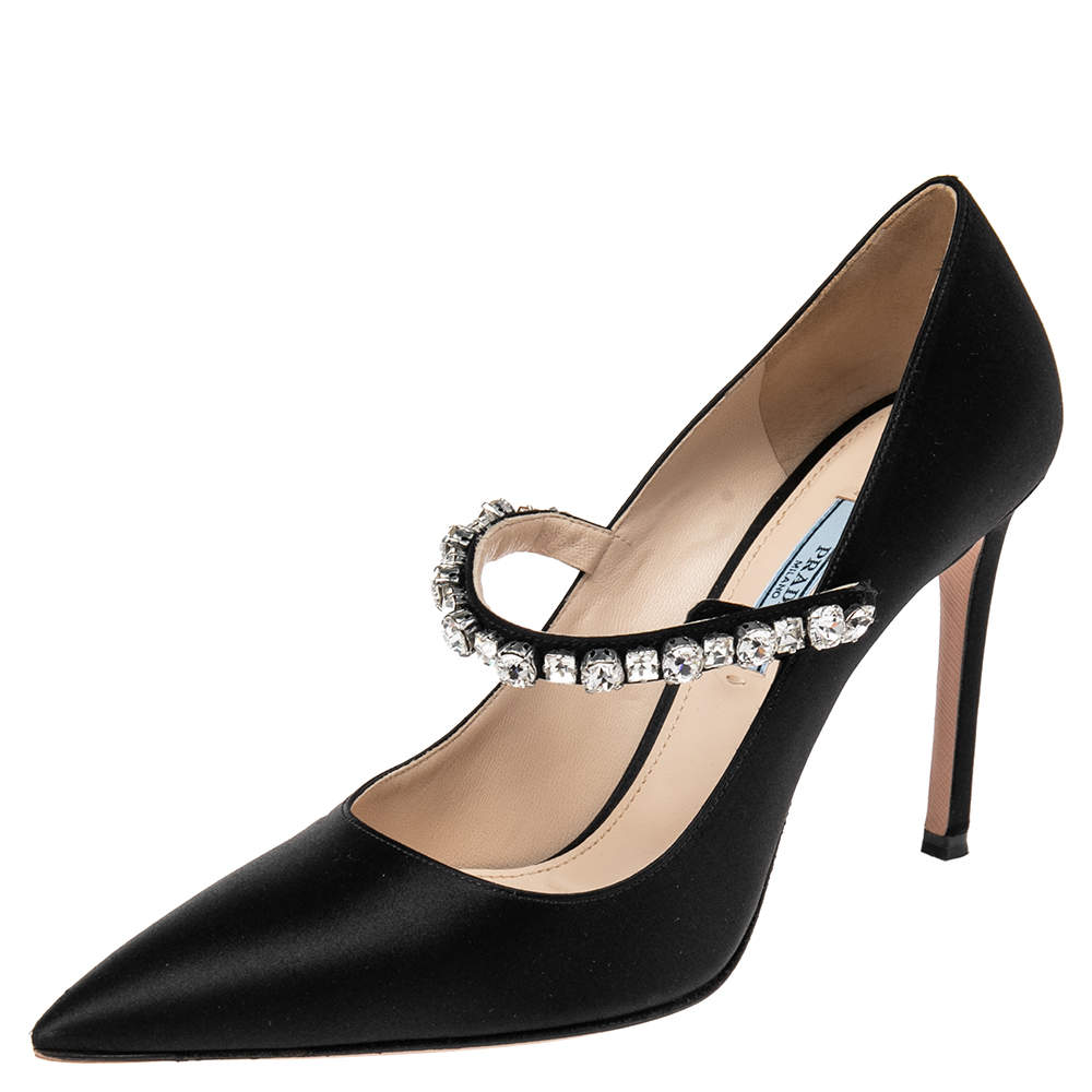 Pre Owned Prada Black Satin Crystal Embellished Pointed Toe Pumps Size 37