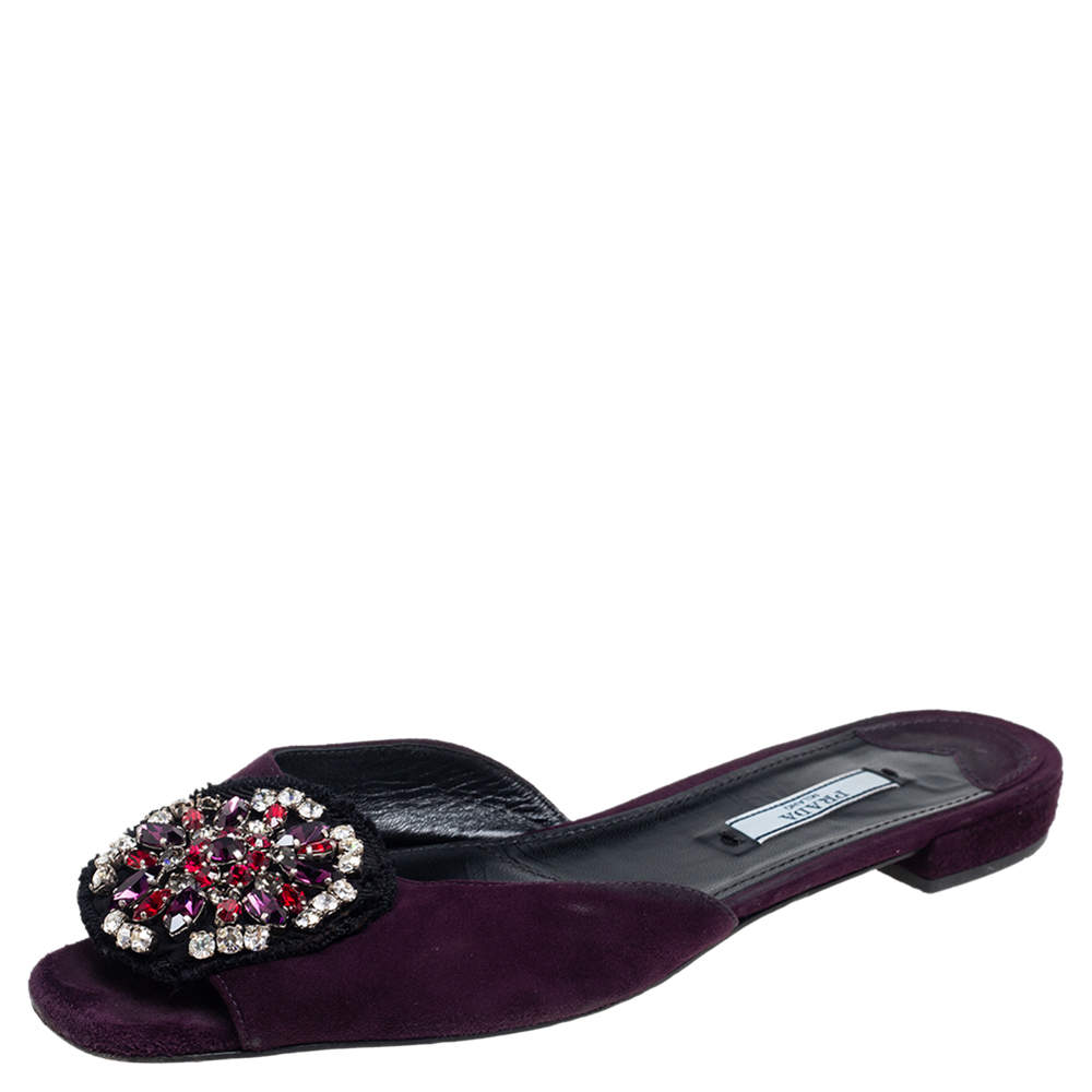 Pre Owned Prada Purple Suede Crystal Embellished Suede Flat Slides Size 39.5