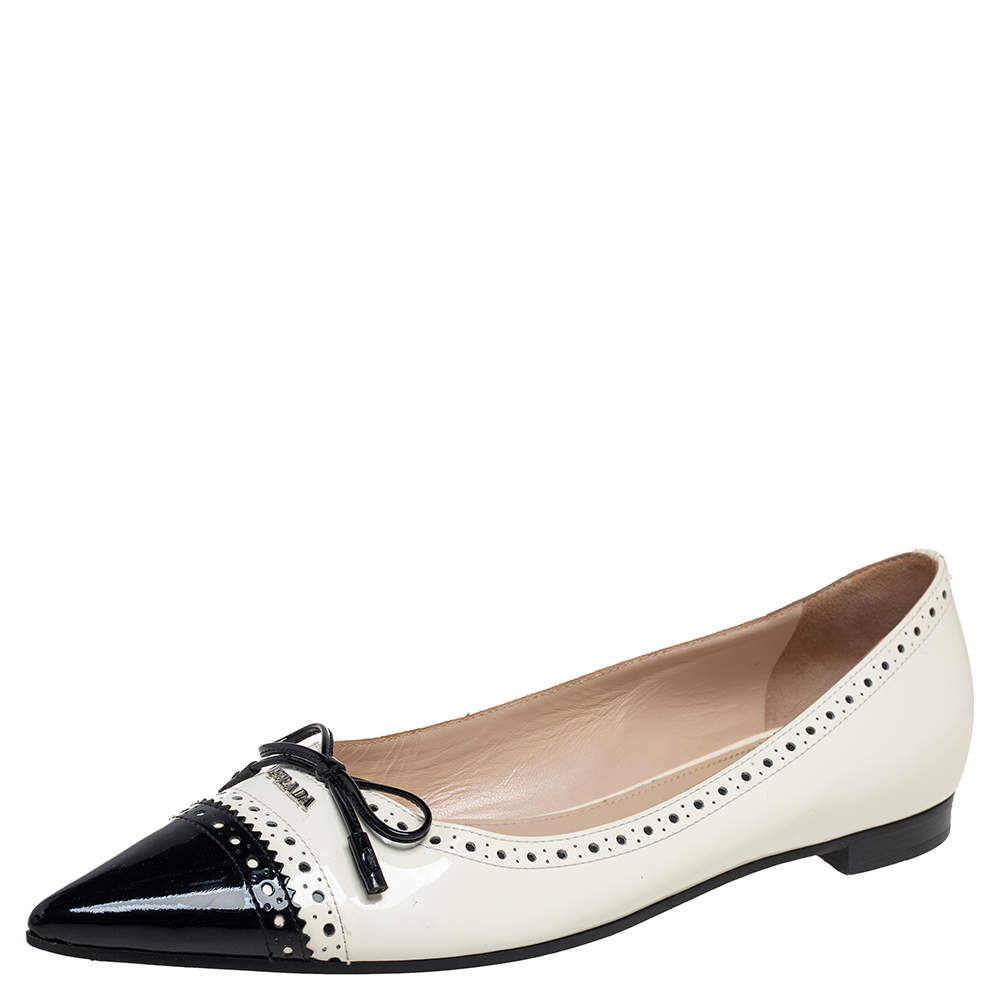 Prada White/Black Patent Leather Bow Pointed Toe Ballet Flats Size 38 Prada  | TLC