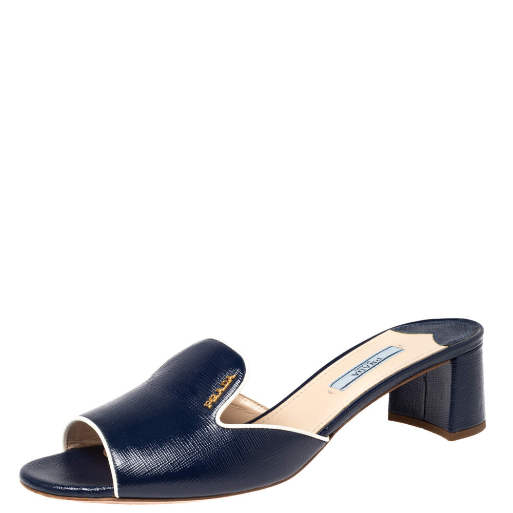 Pre Owned Prada Navy Blue Patent Saffiano Leather Block Heel Slide Sandals Size 40