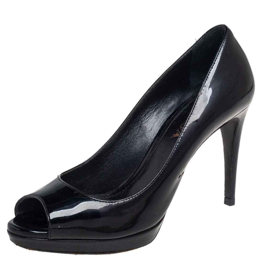 Pre Owned Prada Black Patent Leather Peep Toe Pumps Size 36.5