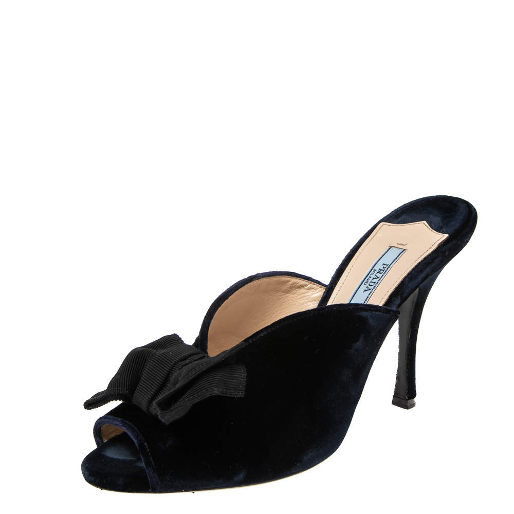 Pre Owned Prada Navy Blue Velvet Grosgrain Peep Toe Mules Size 38.5