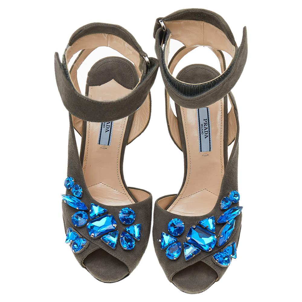 Pre Owned Prada Grey Suede Crystal Embellished Ankle Strap Sandals Size 38