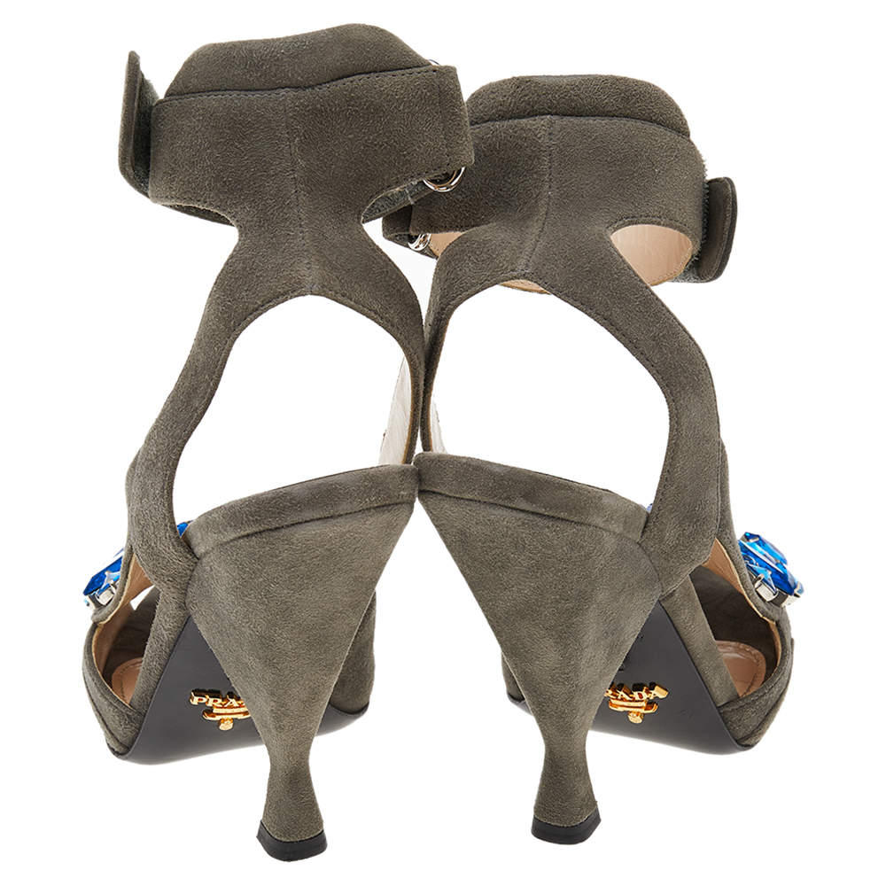 Pre Owned Prada Grey Suede Crystal Embellished Ankle Strap Sandals Size 38