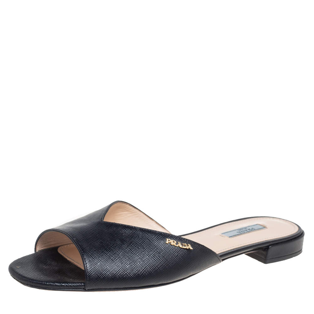 Pre Owned Prada Black Saffiano Patent Leather Slide Flats Size 41