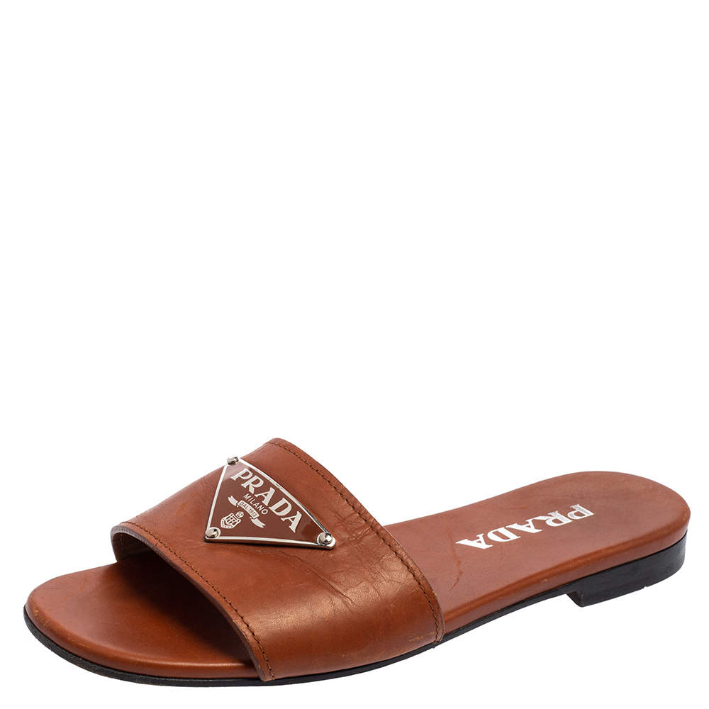 Pre Owned Prada Brown Leather Logo Detail Flat Slides Size 36