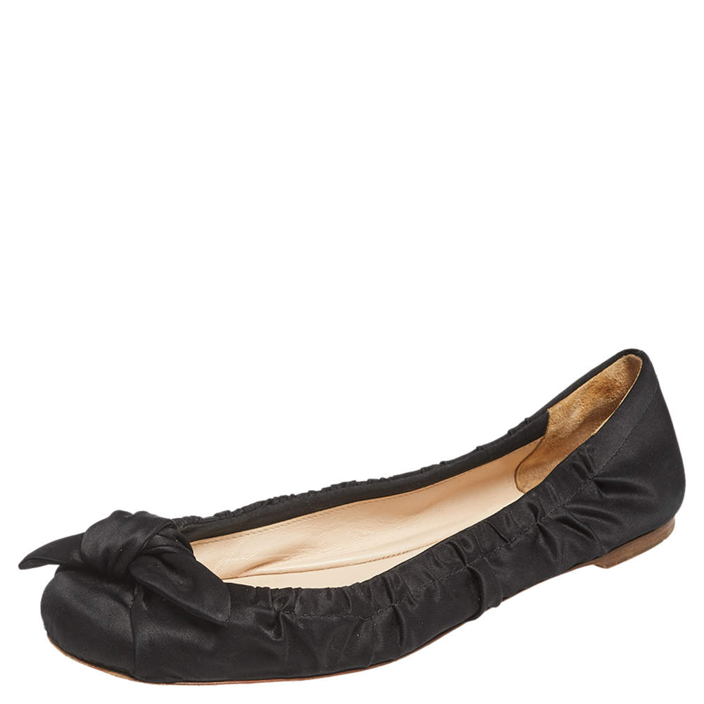 Pre Owned Prada Black Satin Bow Ballet Flats Size 37.5