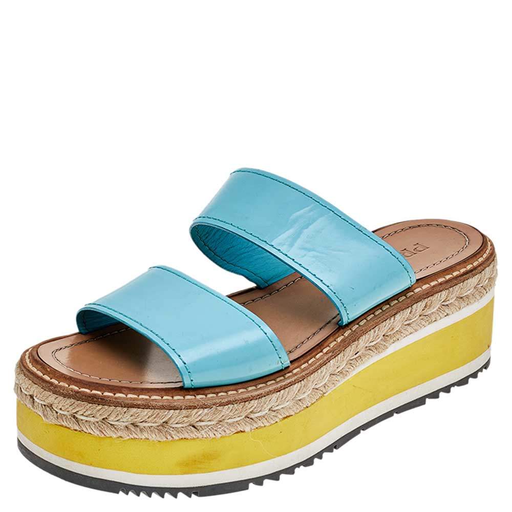 Prada Turquoise Leather Platform Espadrille Sandals Size 37.5