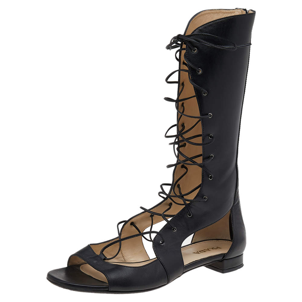 Pre Owned Prada Black Leather Lace Up Gladiator Flat Sandals Size 40