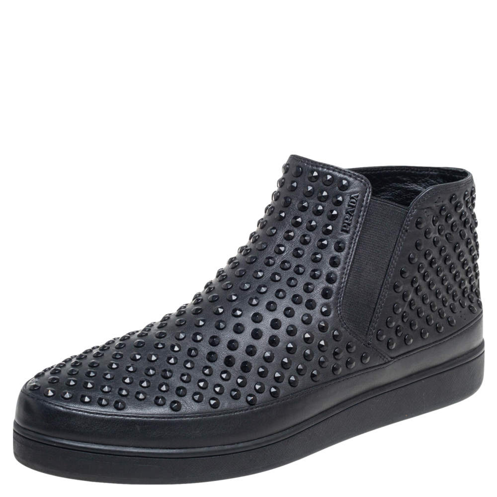 Pre Owned Prada Sport Black Leather Spikes Embellished Slip-On Sneakers Size 41