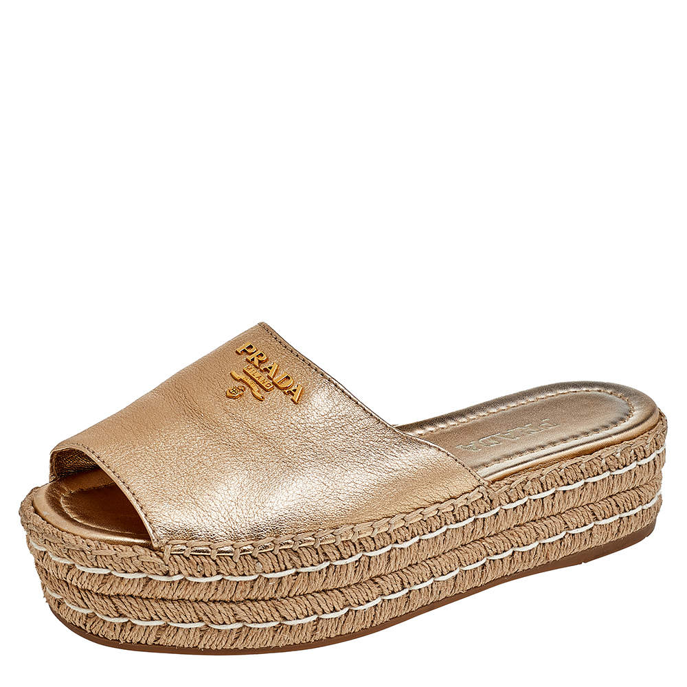 Pre Owned Prada Metallic Gold Leather Platform Espadrilles Size 38