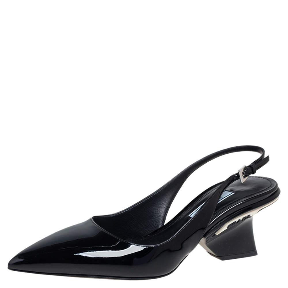 Pre Owned Prada Black Patent Leather Pointed-Toe Slingback Sandals Size 36