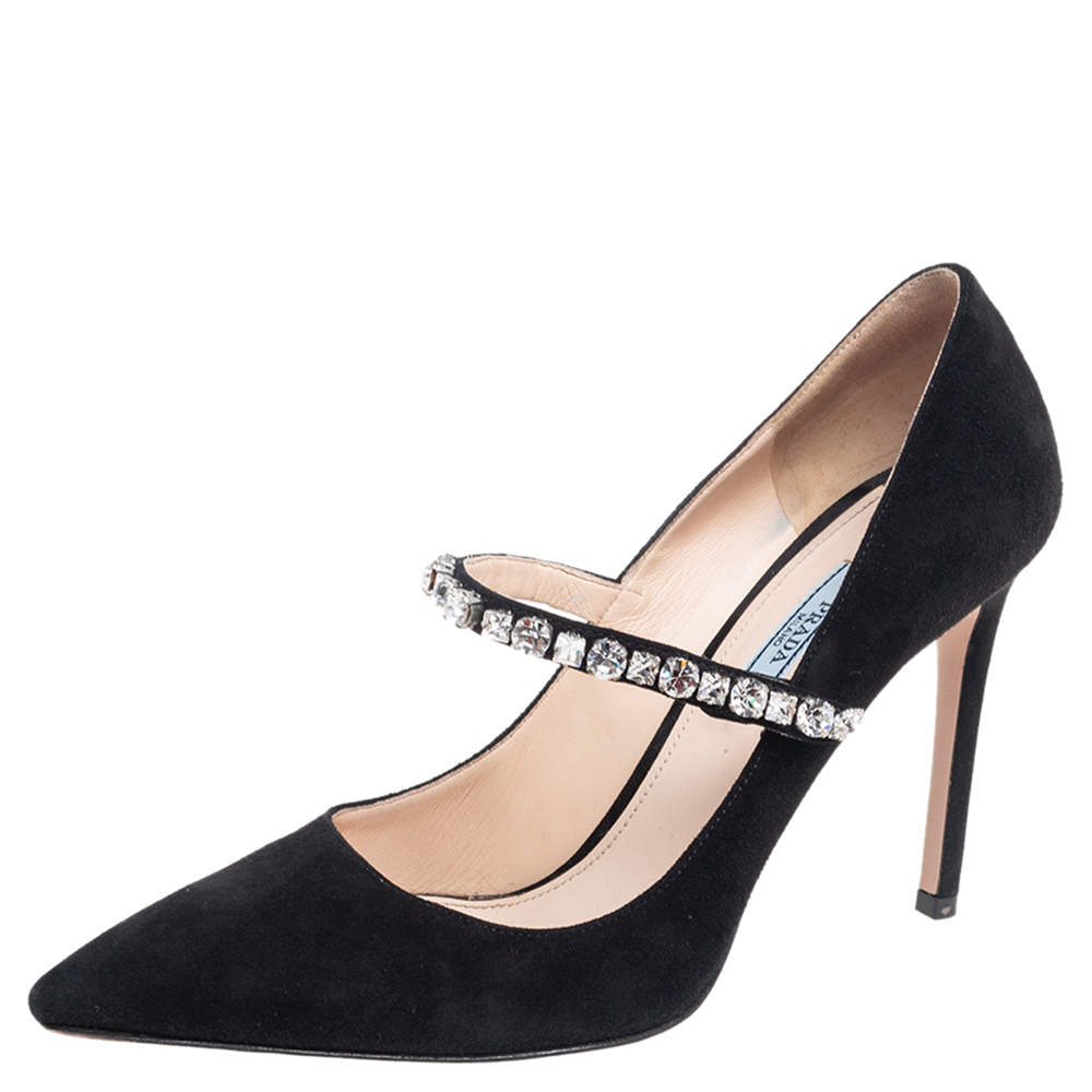 Pre Owned Prada Black Suede Crystal Embellished Pointed Toe Pumps Size 39