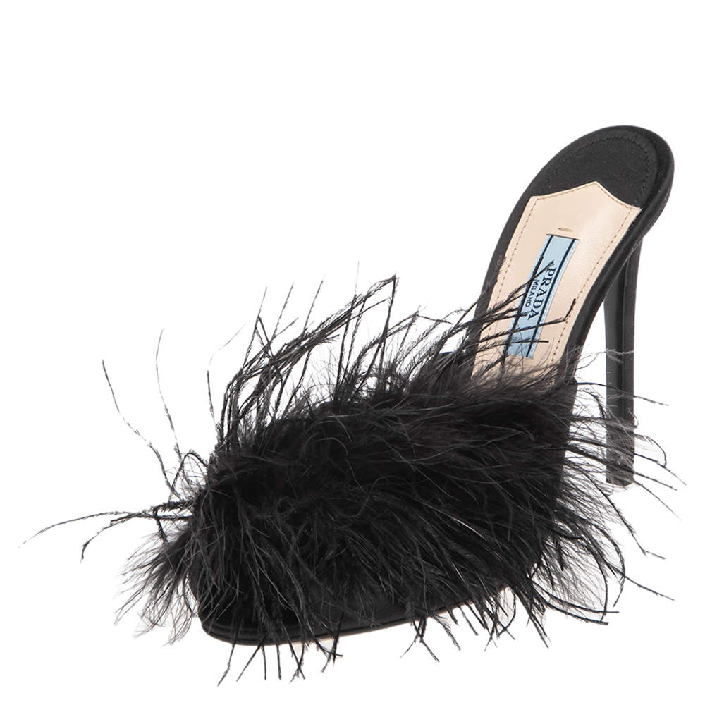 Pre Owned Prada Black Satin And Feather Slide Sandals Size 38