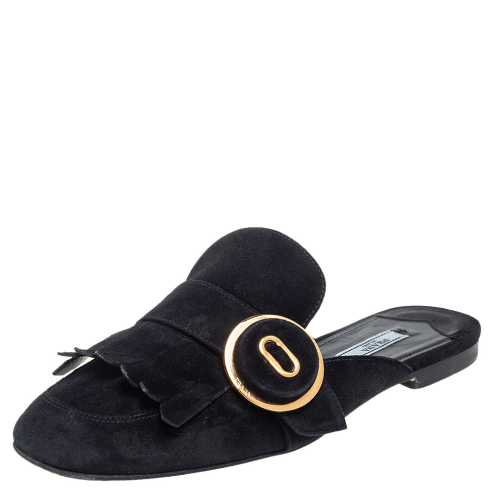 Prada Black Suede Kiltie Fringed Flat Mules Size 40