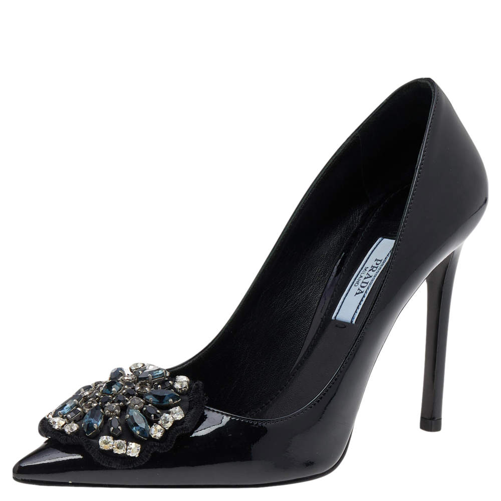 Pre Owned Prada Black Patent Leather Embellished Pointed Toe Pumps Size 36.5