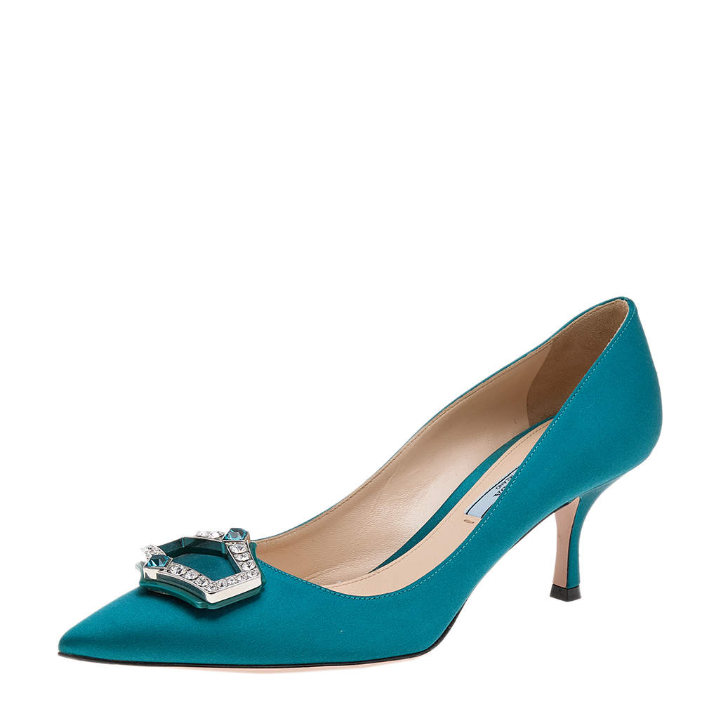 Prada Blue Satin Crystal Embellished Pointed Toe Pumps Size 39.5