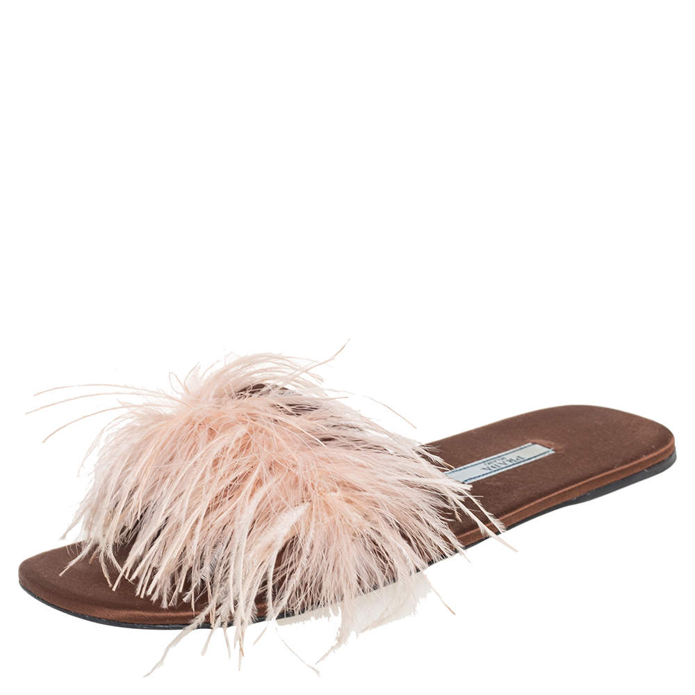 Pre Owned Prada Brown Satin Ostrich Feather Embellished Flat Sandals Size 38.5