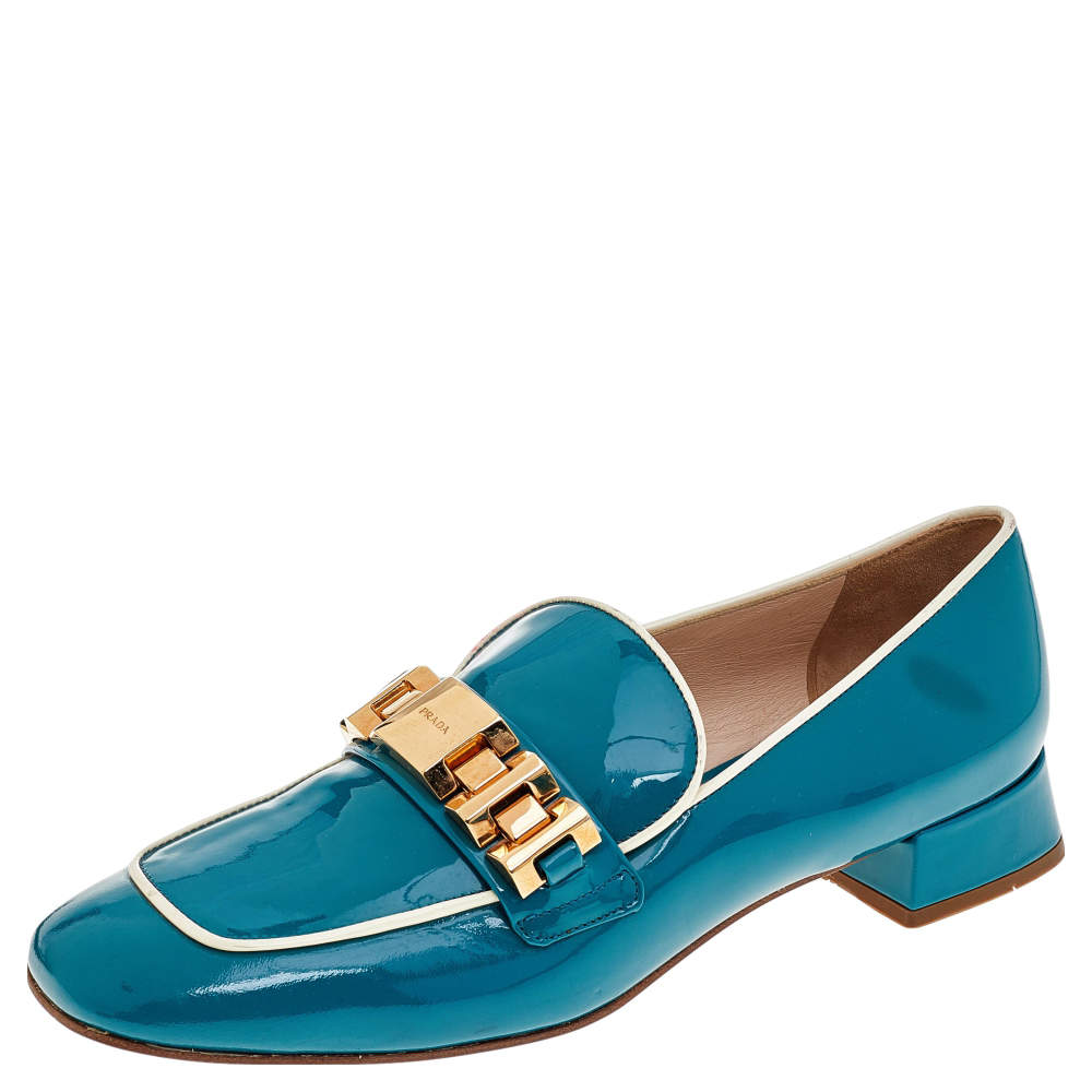 Prada Blue Patent Leather Embellished Slip On Loafers Size 39
