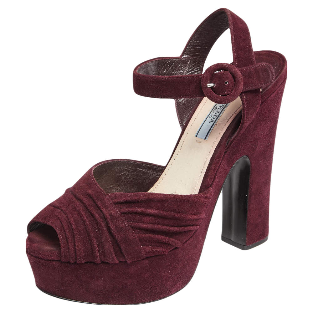 Prada Burgundy Suede Platform Ankle Strap Sandals Size 39
