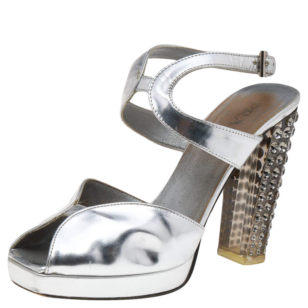 Prada Metallic Silver Leather Crystal Embellished Block Heel Platform Sandals Size 35.5