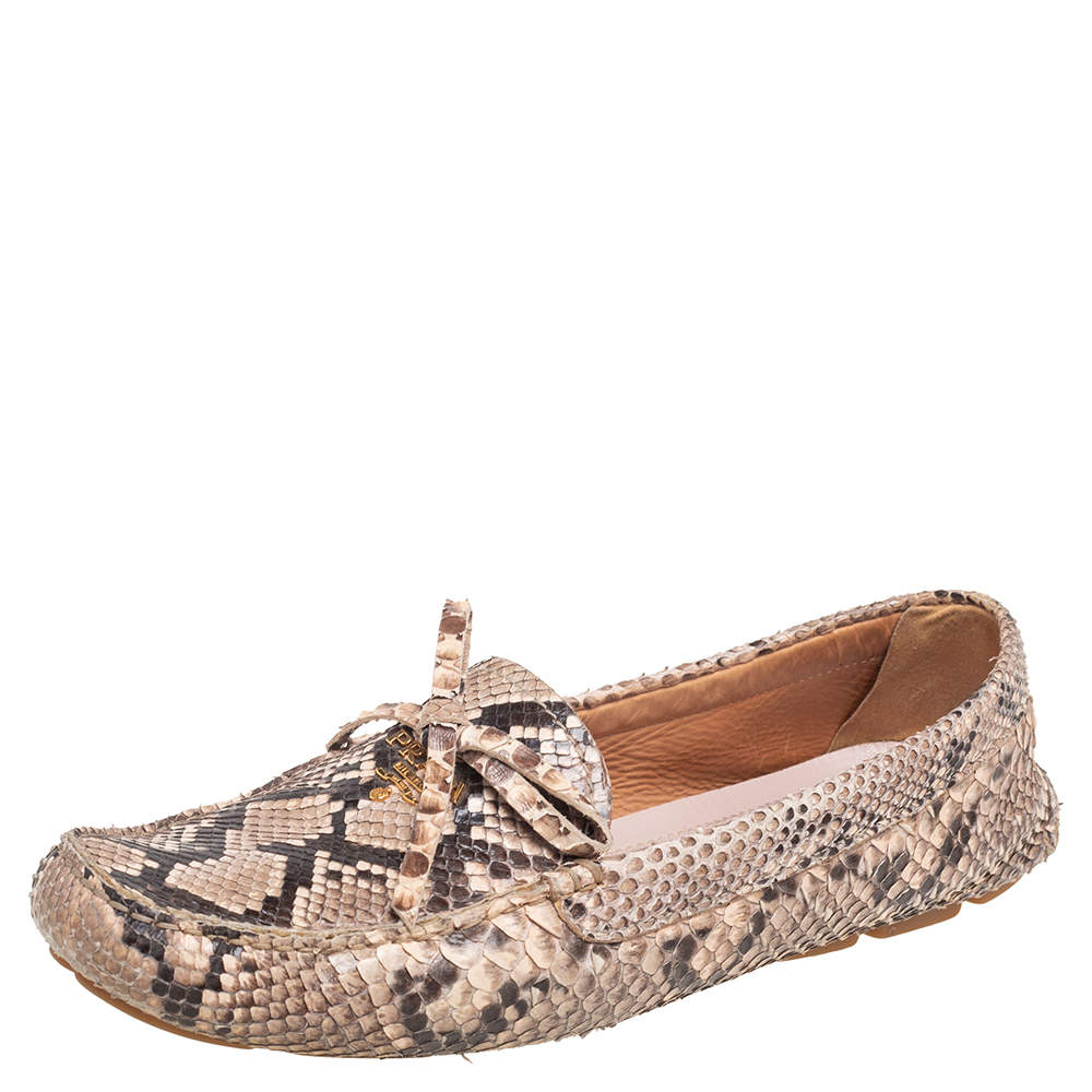 Pre Owned Prada Beige/Black Python Leather Bow Detail Loafers Size 41