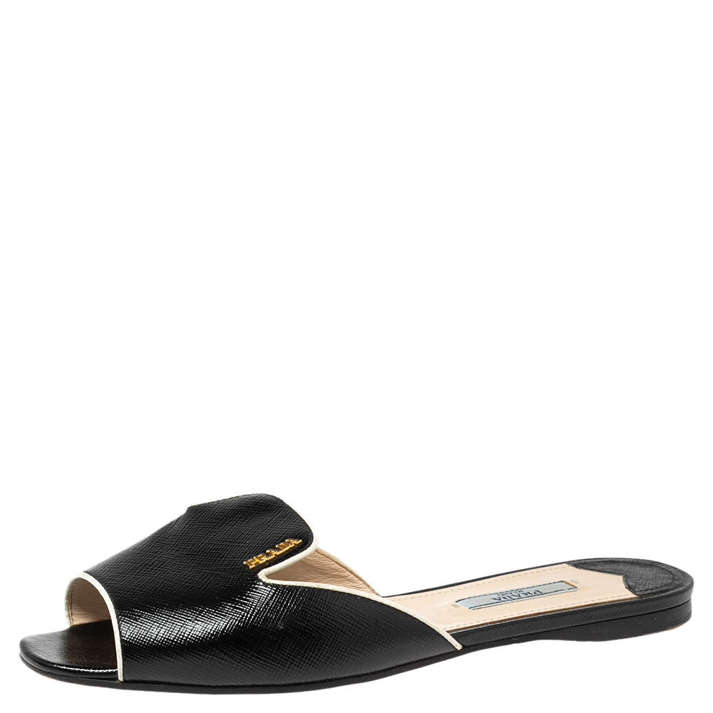 Pre Owned Prada Black Patent Leather Logo Embellished Flat Slides Size 37.5