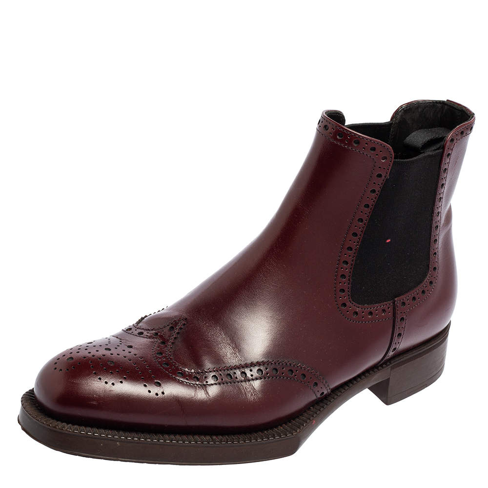 Pre Owned Prada Maroon Leather Brogue Ankle Boots Size 38.5