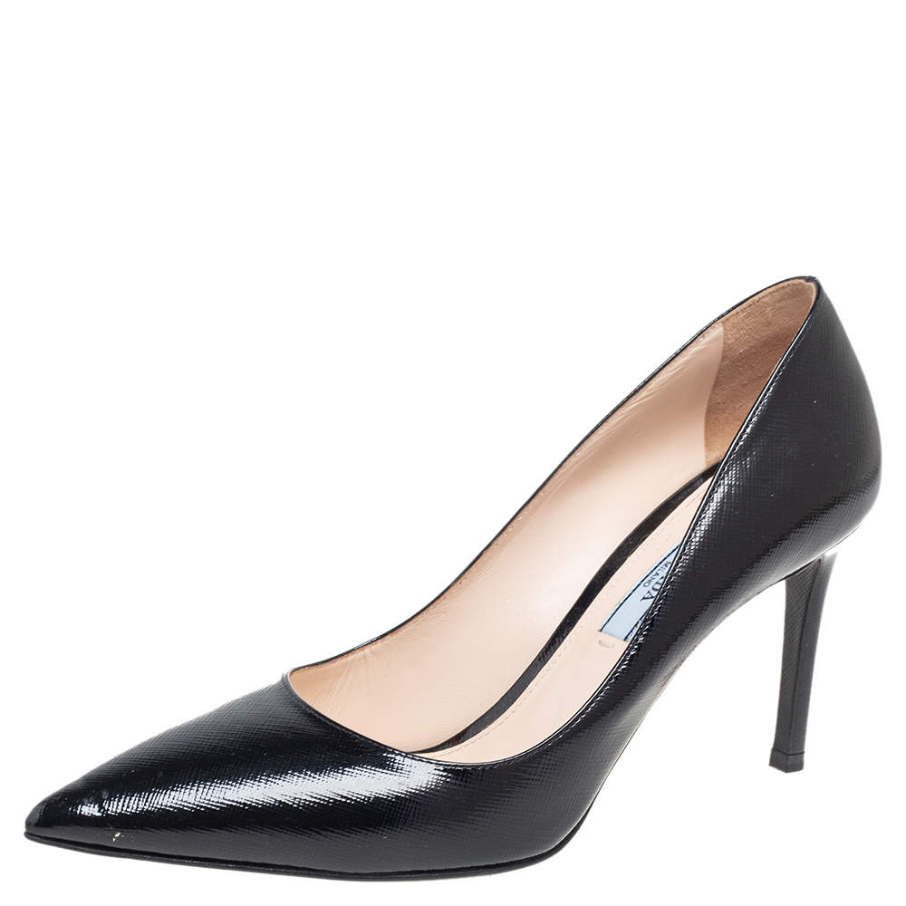 Pre Owned Prada Black Saffiano Vernice Leather Pointed-Toe Pumps Size 37