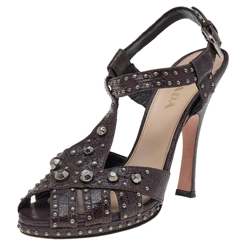 Pre Owned Prada Dark Brown Leather Studded Ankle Strap Sandals Size 39
